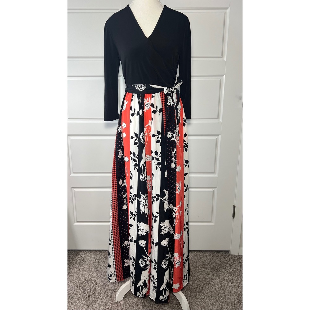 EST 1946 Womens Black‎ Red Floral Patchwork Maxi Wrap Dress XS